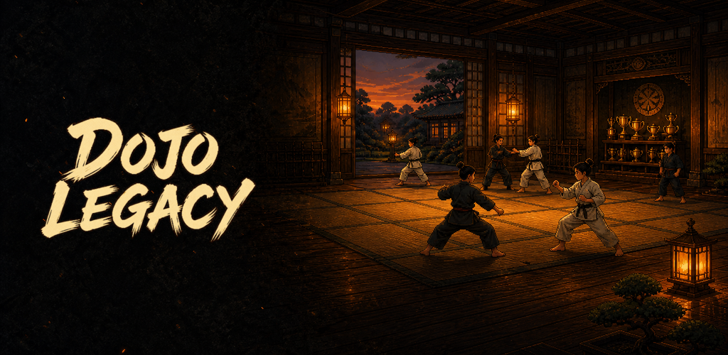 Martial artists training inside the lantern-lit Dojo Legacy school